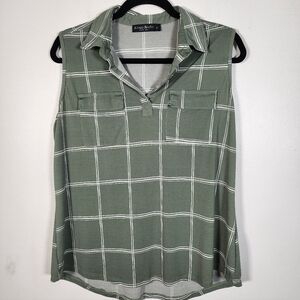 Olive Green Windowpane Sleeveless Collared Camisole